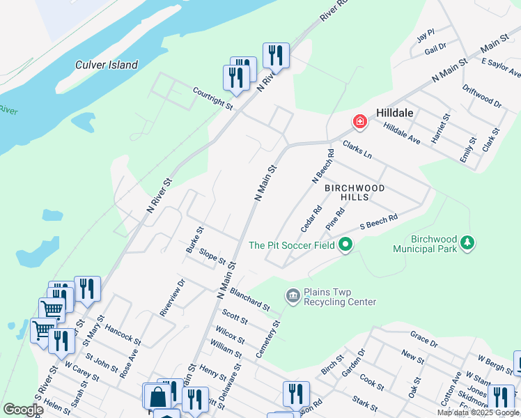map of restaurants, bars, coffee shops, grocery stores, and more near 385 N Main St in Plains