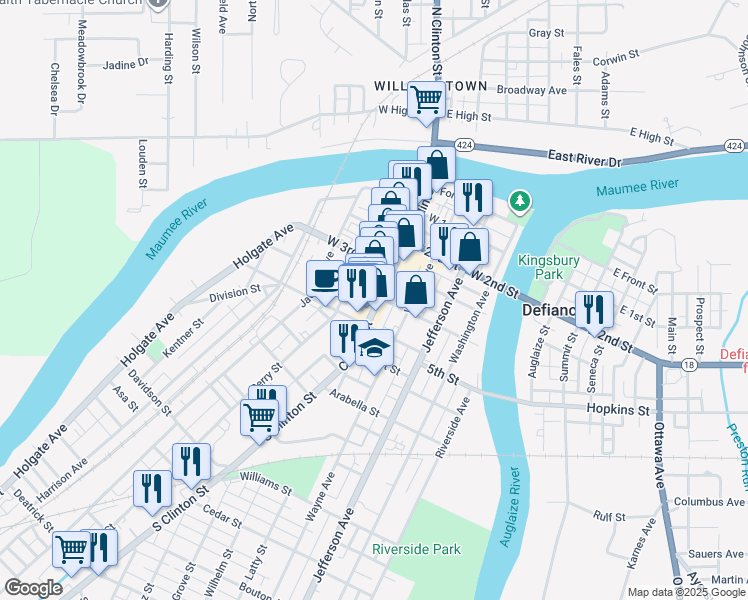 map of restaurants, bars, coffee shops, grocery stores, and more near 505 Clinton Street in Defiance