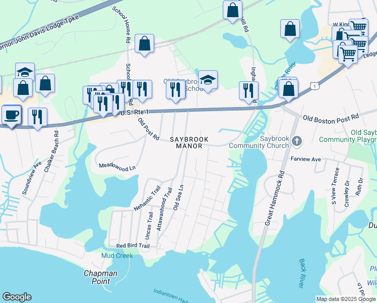 map of restaurants, bars, coffee shops, grocery stores, and more near 10 Old Sea Lane in Old Saybrook