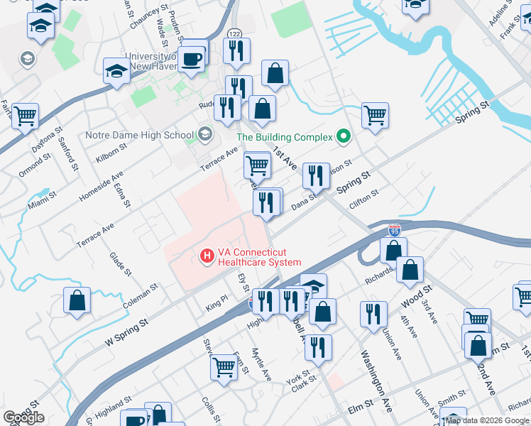 map of restaurants, bars, coffee shops, grocery stores, and more near 953 Campbell Avenue in West Haven