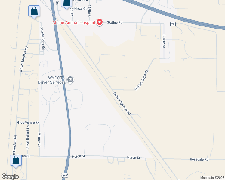 map of restaurants, bars, coffee shops, grocery stores, and more near 3414 Soldier Springs Road in Laramie