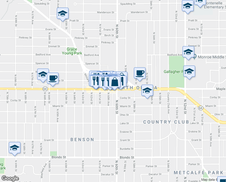 map of restaurants, bars, coffee shops, grocery stores, and more near 6009 Maple Street in Omaha