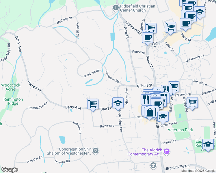 map of restaurants, bars, coffee shops, grocery stores, and more near 4 Gino's Way in Ridgefield