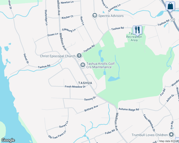 map of restaurants, bars, coffee shops, grocery stores, and more near 48 Farmstead Lane in Trumbull