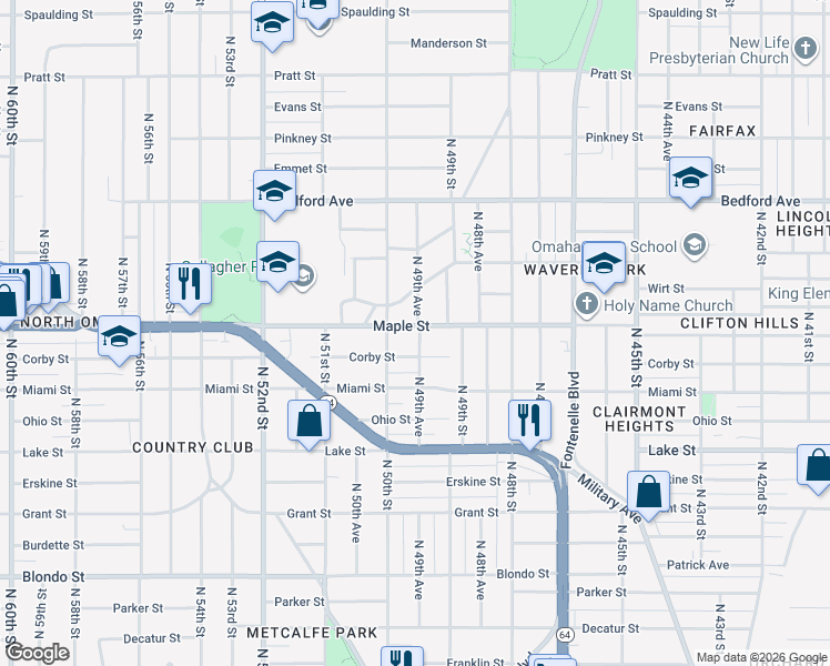 map of restaurants, bars, coffee shops, grocery stores, and more near 4966 Corby Street in Omaha