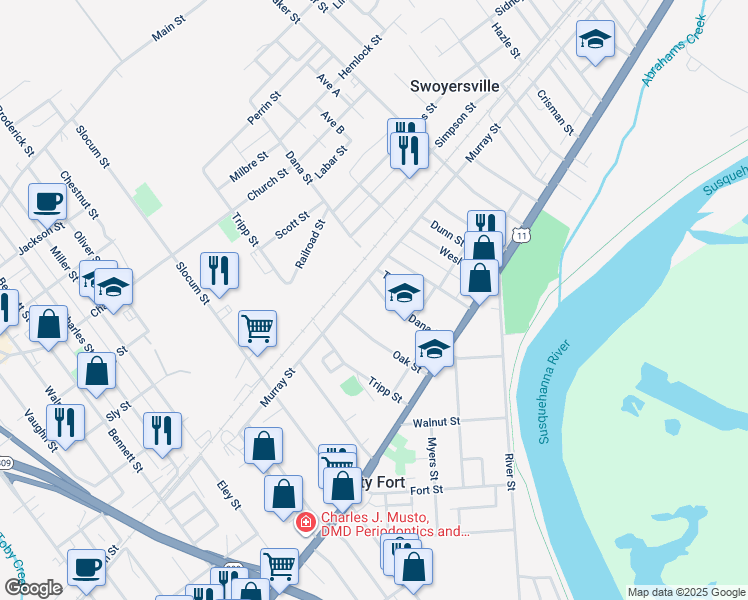 map of restaurants, bars, coffee shops, grocery stores, and more near 98 Dana Street in Forty Fort