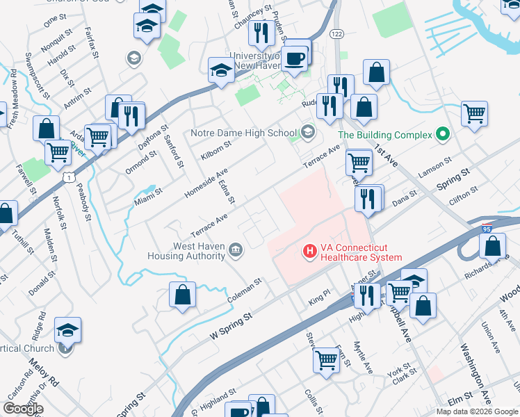 map of restaurants, bars, coffee shops, grocery stores, and more near 15 Crest Street in West Haven