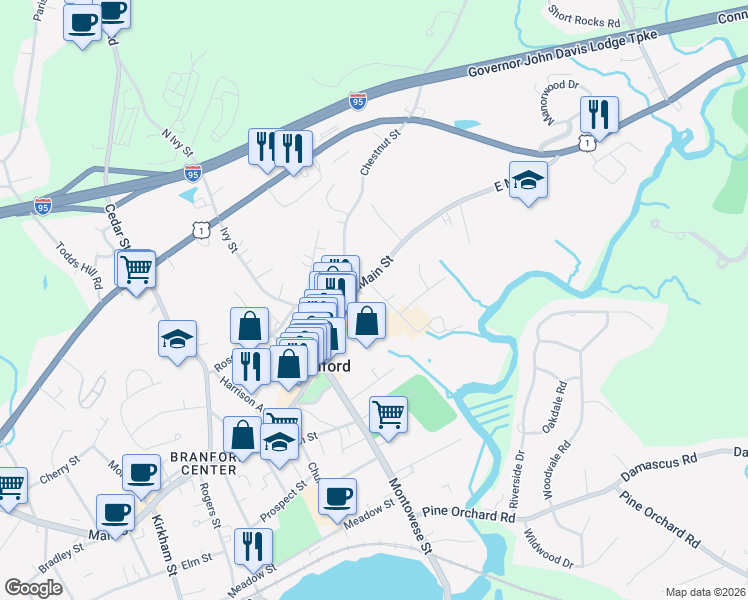 map of restaurants, bars, coffee shops, grocery stores, and more near 11 Hamre Lane in Branford