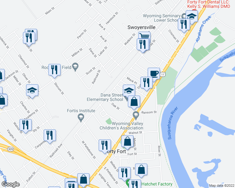 map of restaurants, bars, coffee shops, grocery stores, and more near 96 Dana Street in Forty Fort