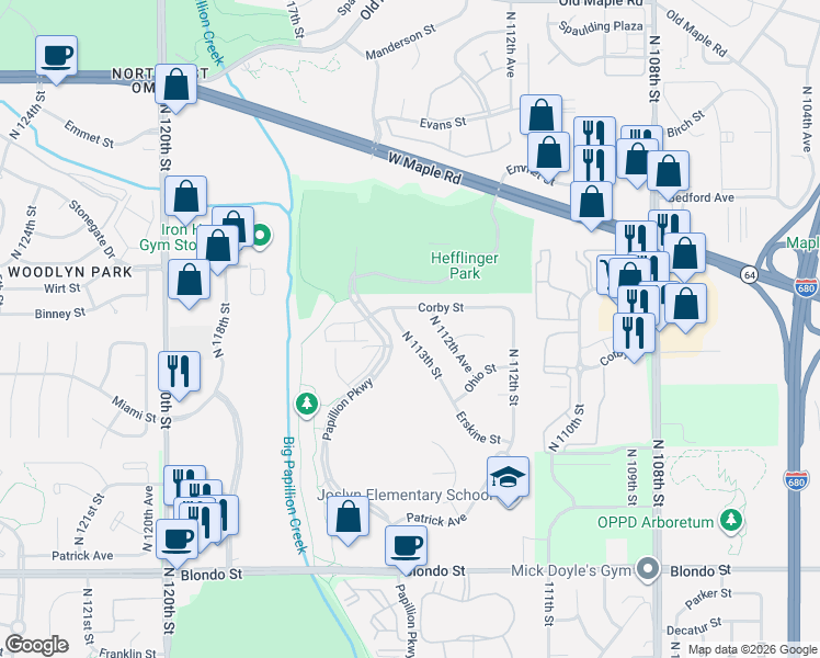 map of restaurants, bars, coffee shops, grocery stores, and more near 2726 North 113th Street in Omaha