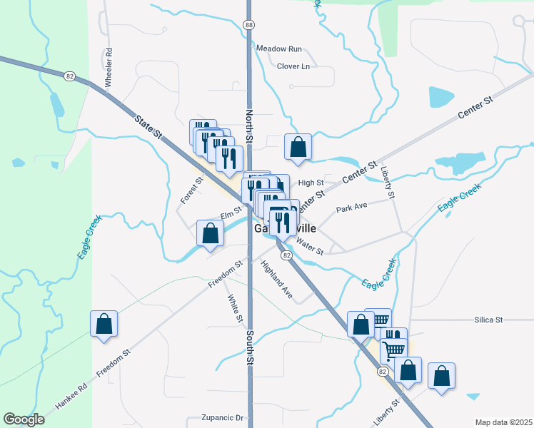 map of restaurants, bars, coffee shops, grocery stores, and more near 8107 Main Street in Garrettsville