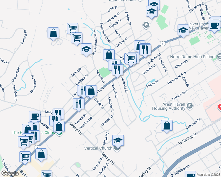 map of restaurants, bars, coffee shops, grocery stores, and more near 37 Norfolk Street in West Haven