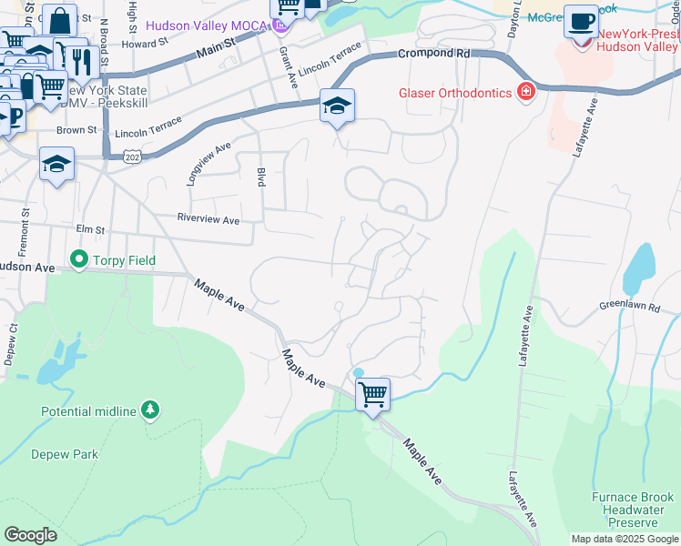 map of restaurants, bars, coffee shops, grocery stores, and more near 200 School House Road in Peekskill