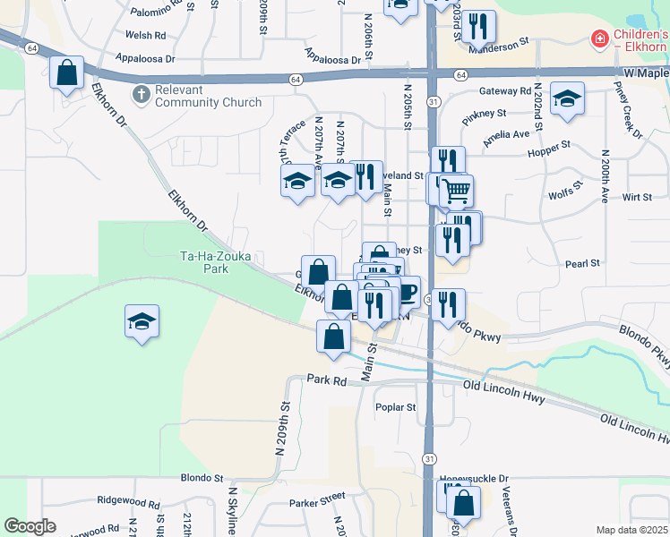 map of restaurants, bars, coffee shops, grocery stores, and more near 20650 Glenn Street in Omaha
