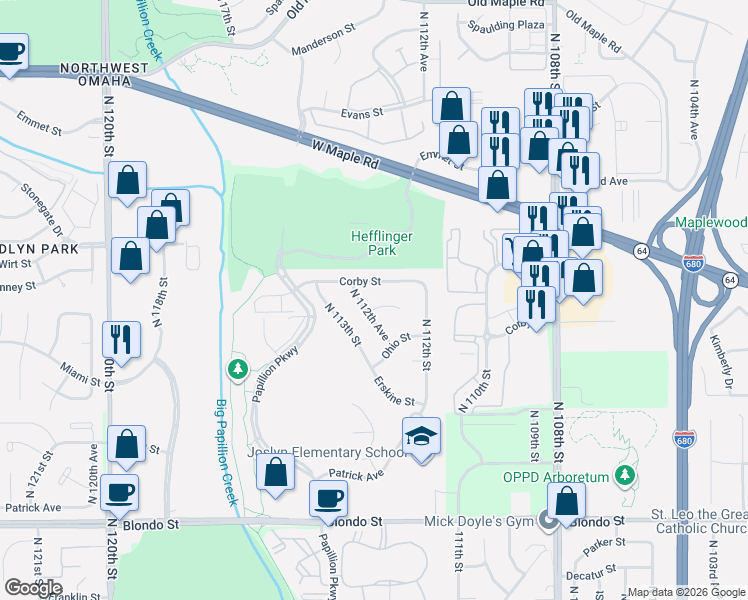 map of restaurants, bars, coffee shops, grocery stores, and more near 11219 Miami Circle in Omaha