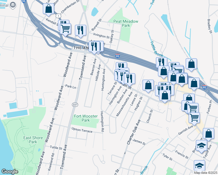 map of restaurants, bars, coffee shops, grocery stores, and more near 56 Terrace Street in New Haven