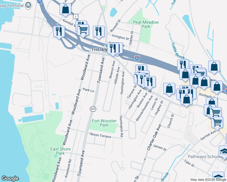 map of restaurants, bars, coffee shops, grocery stores, and more near 65 Hillside Avenue in New Haven