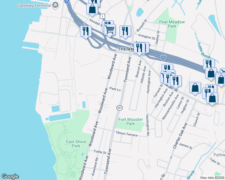 map of restaurants, bars, coffee shops, grocery stores, and more near 579 Woodward Avenue in New Haven