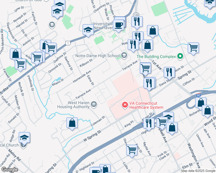 map of restaurants, bars, coffee shops, grocery stores, and more near 11 Crest Street in West Haven