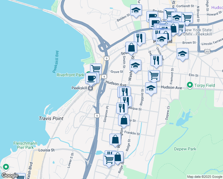 map of restaurants, bars, coffee shops, grocery stores, and more near 309 Simpson Place in Peekskill