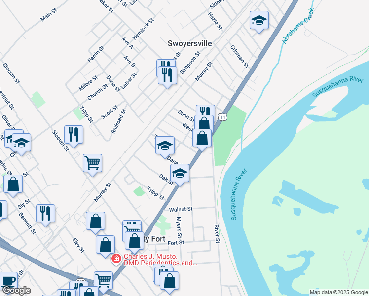 map of restaurants, bars, coffee shops, grocery stores, and more near 1221 Wyoming Ave in Kingston