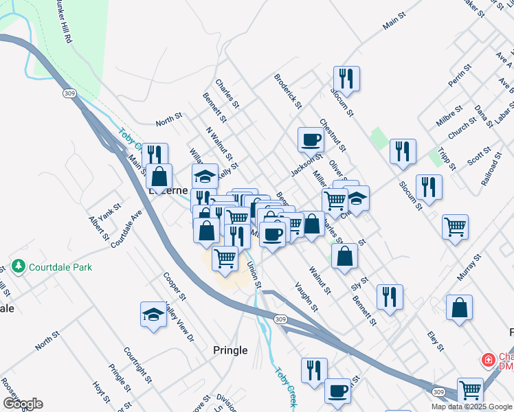 map of restaurants, bars, coffee shops, grocery stores, and more near 35 Hughes Street in Luzerne