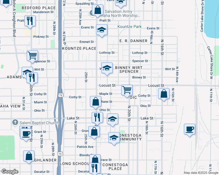 map of restaurants, bars, coffee shops, grocery stores, and more near 2120 Maple Street in Omaha