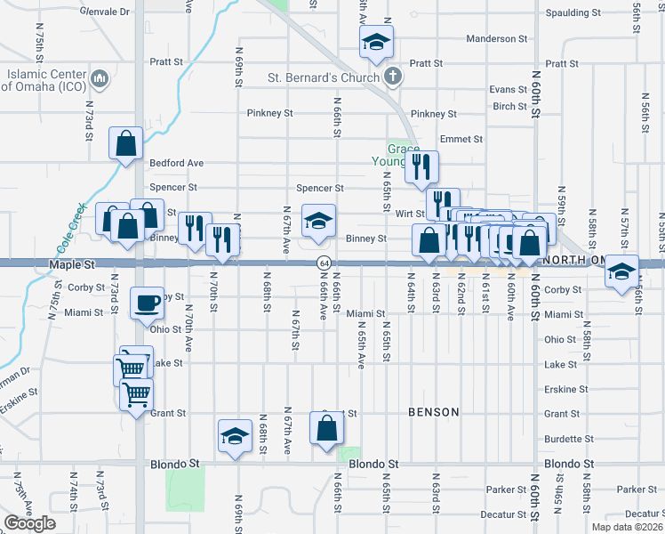 map of restaurants, bars, coffee shops, grocery stores, and more near 2824 North 66th Avenue in Omaha