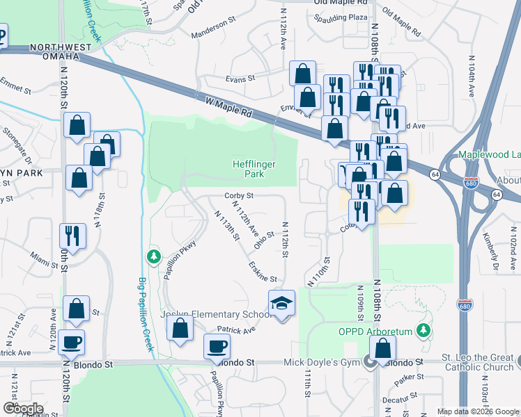 map of restaurants, bars, coffee shops, grocery stores, and more near 11219 Miami Circle in Omaha