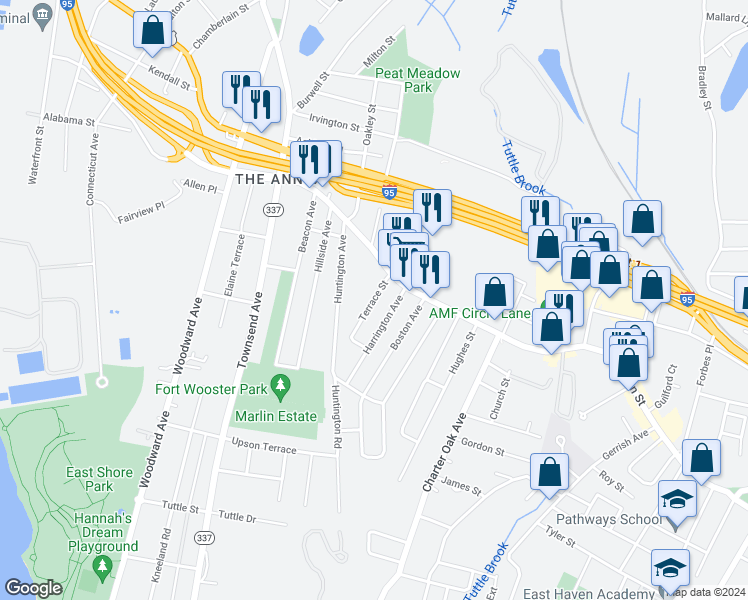 map of restaurants, bars, coffee shops, grocery stores, and more near 120 Harrington Avenue in New Haven