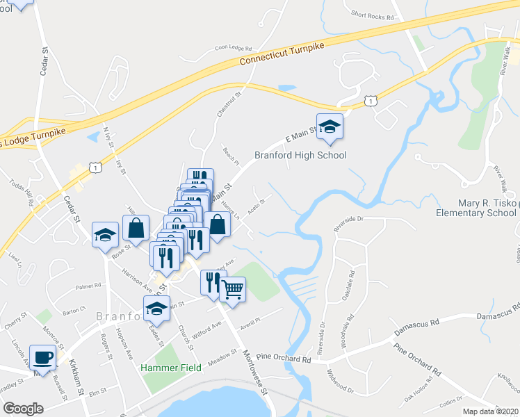 map of restaurants, bars, coffee shops, grocery stores, and more near 27 Aceto Street in Branford