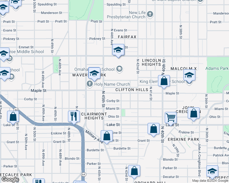 map of restaurants, bars, coffee shops, grocery stores, and more near 4320 Maple Street in Omaha