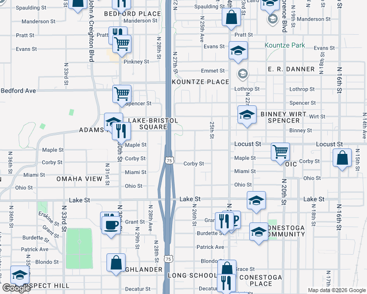 map of restaurants, bars, coffee shops, grocery stores, and more near 2824 North 26th Street in Omaha