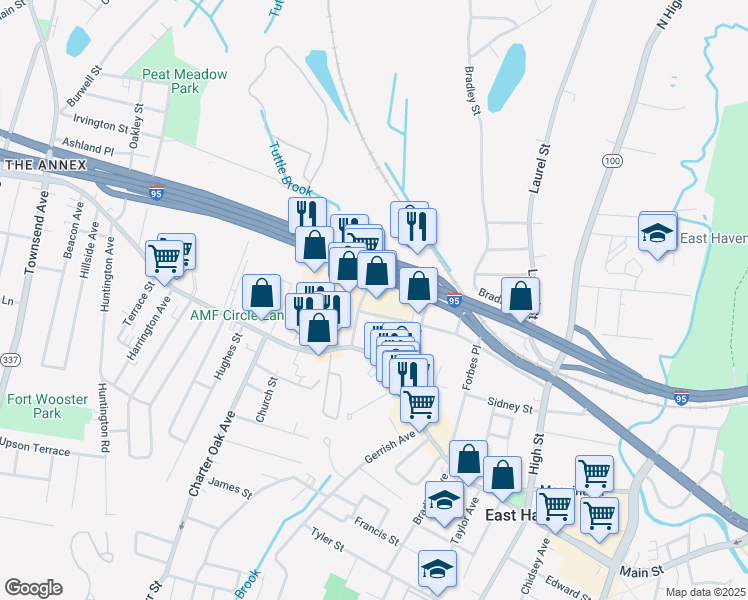 map of restaurants, bars, coffee shops, grocery stores, and more near 52 Frontage Road in East Haven