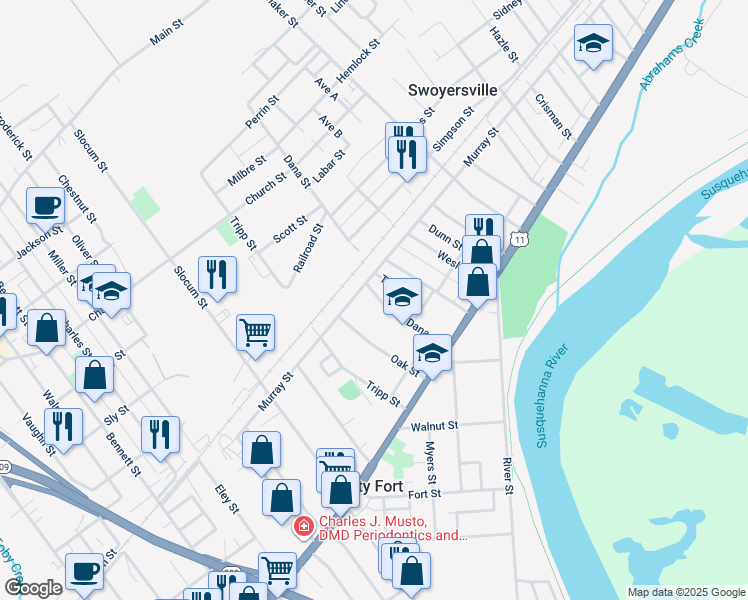 map of restaurants, bars, coffee shops, grocery stores, and more near 98 Dana Street in Forty Fort
