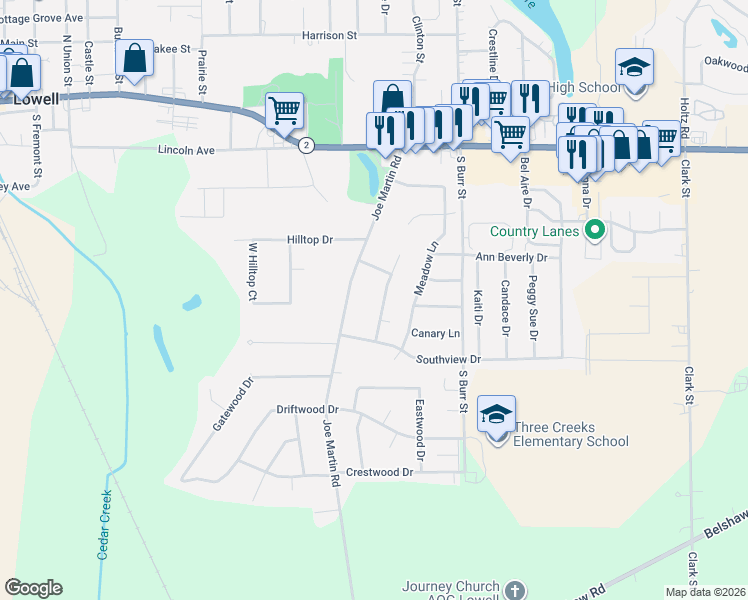 map of restaurants, bars, coffee shops, grocery stores, and more near 444 Mocking Bird Ln in Lowell