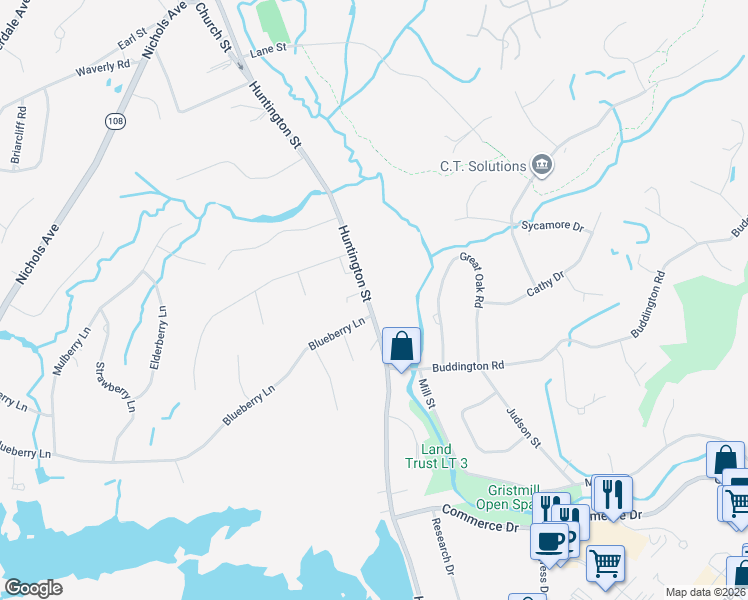 map of restaurants, bars, coffee shops, grocery stores, and more near 268 Huntington Street in Shelton