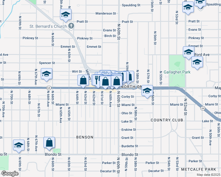 map of restaurants, bars, coffee shops, grocery stores, and more near N 60th Ave & Maple St in Omaha