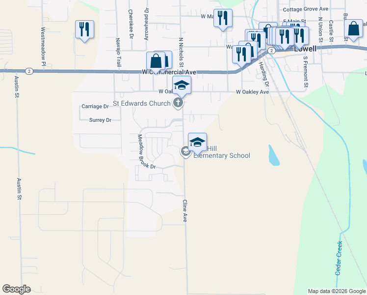 map of restaurants, bars, coffee shops, grocery stores, and more near 425 South Nichols Street in Lowell