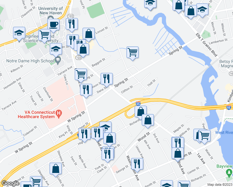 map of restaurants, bars, coffee shops, grocery stores, and more near 782 1st Avenue in West Haven