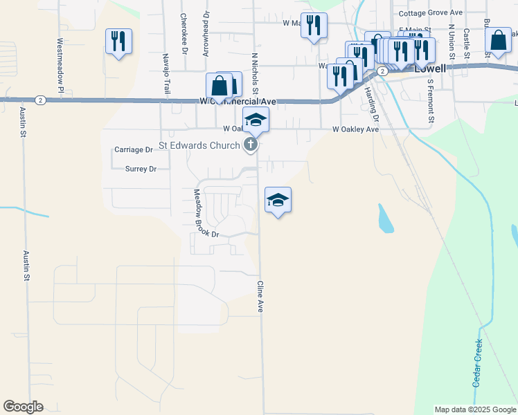 map of restaurants, bars, coffee shops, grocery stores, and more near 425 South Nichols Street in Lowell
