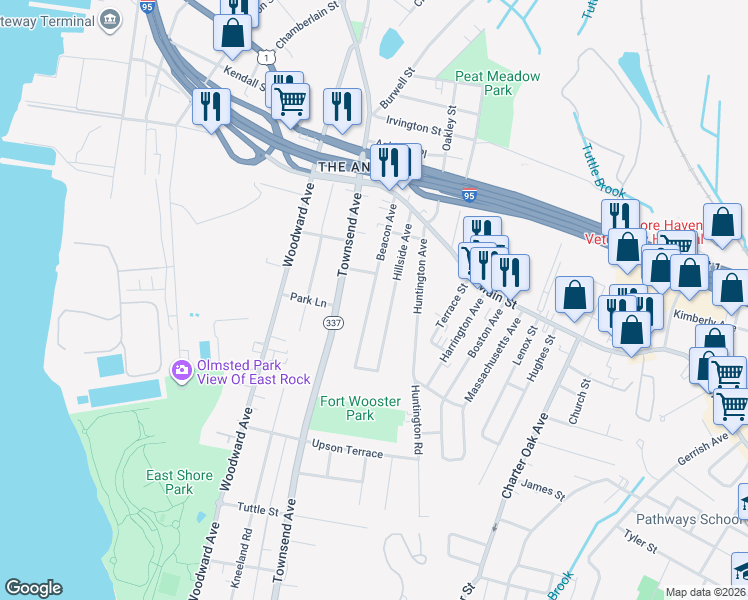 map of restaurants, bars, coffee shops, grocery stores, and more near 58 Beacon Avenue in East Haven