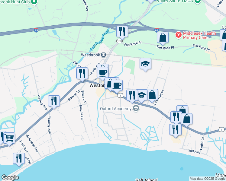 map of restaurants, bars, coffee shops, grocery stores, and more near 40 Trolley Road in Westbrook