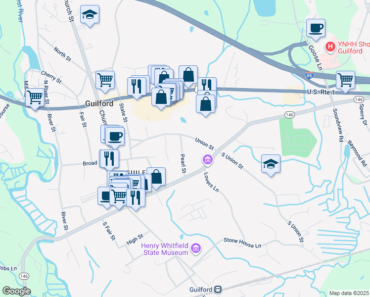 map of restaurants, bars, coffee shops, grocery stores, and more near 37 Pearl Street in Guilford