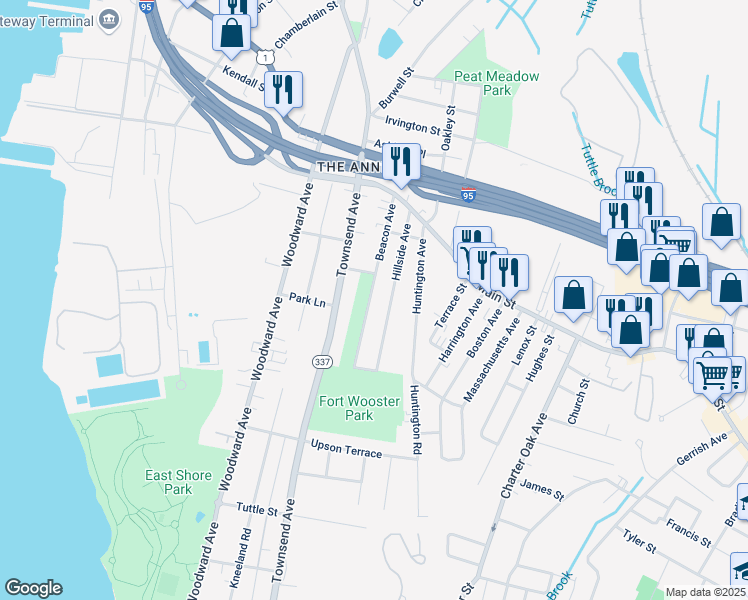 map of restaurants, bars, coffee shops, grocery stores, and more near 58 Beacon Avenue in East Haven