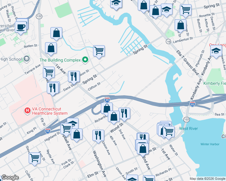 map of restaurants, bars, coffee shops, grocery stores, and more near 14 Front Avenue in West Haven
