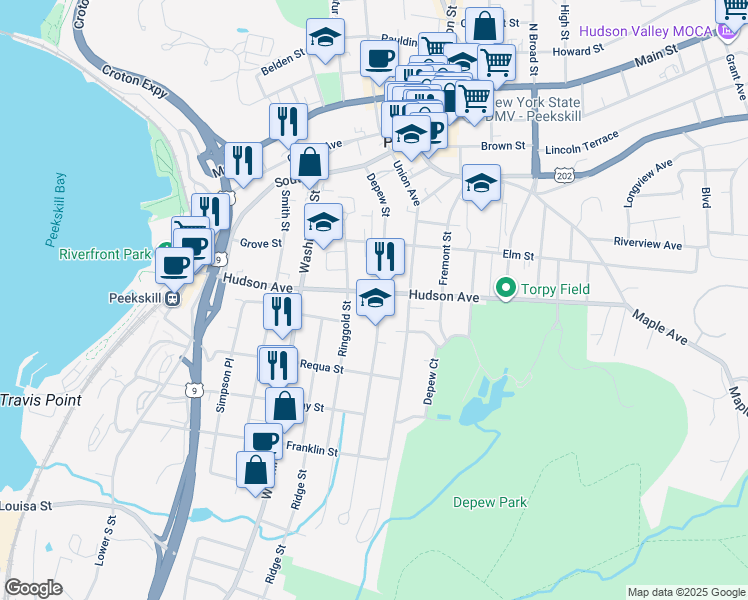 map of restaurants, bars, coffee shops, grocery stores, and more near 331 Depew Street in Peekskill
