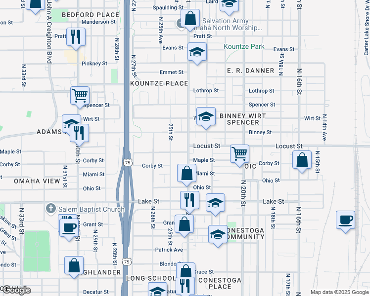 map of restaurants, bars, coffee shops, grocery stores, and more near 2724 North 24th Street in Omaha