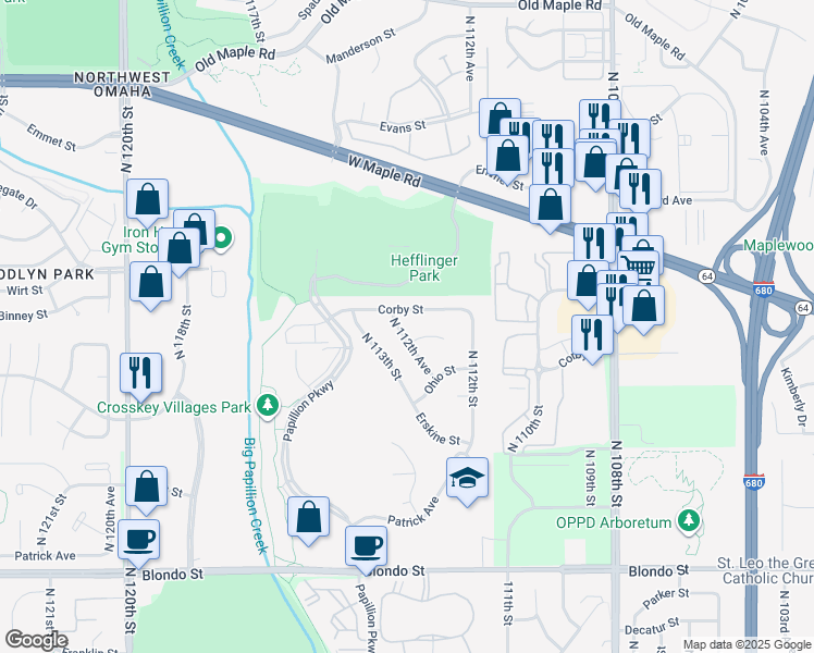 map of restaurants, bars, coffee shops, grocery stores, and more near 2706 North 112th Avenue in Omaha