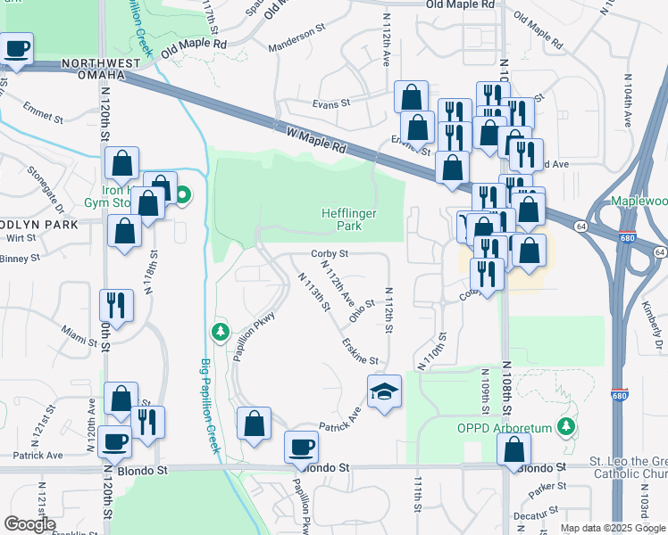 map of restaurants, bars, coffee shops, grocery stores, and more near 2706 North 112th Avenue in Omaha